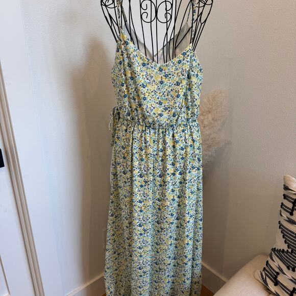 Altar'd State Yellow/Blue Floral Ruffle Faux Wrap V-Neck Cottage Maxi Dress- L - Picture 4 of 11